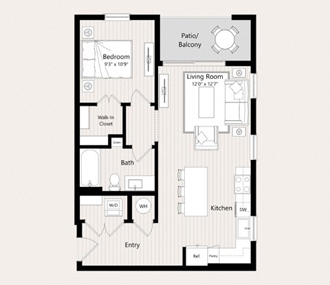 Floor plan for 1 bed, 1 bath, 709 sqft